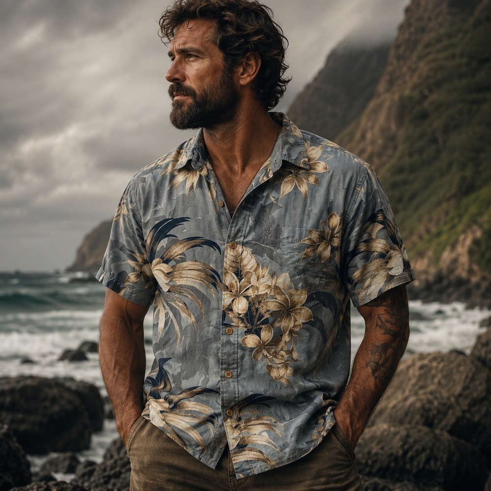 Puritan Mens Tropical Floral Palm Leaf Button Down Shirt Blue Tan Short Sleeve